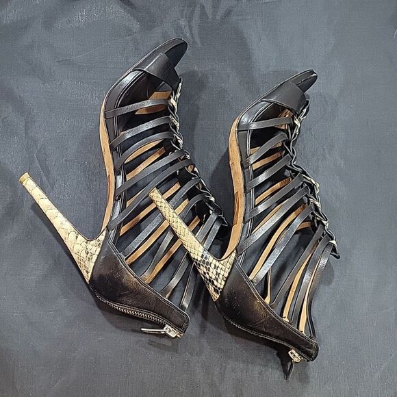 COACH JOSEY WOMEN'S BLACK LEATHER SNAKE HIGH HEELS OPEN TOE SHOES - Picture 13 of 16